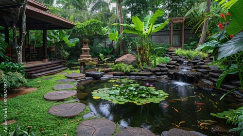 Tranquil backyard garden with a small pond, stone path, and lush greenery, ideal for relaxation and nature connection