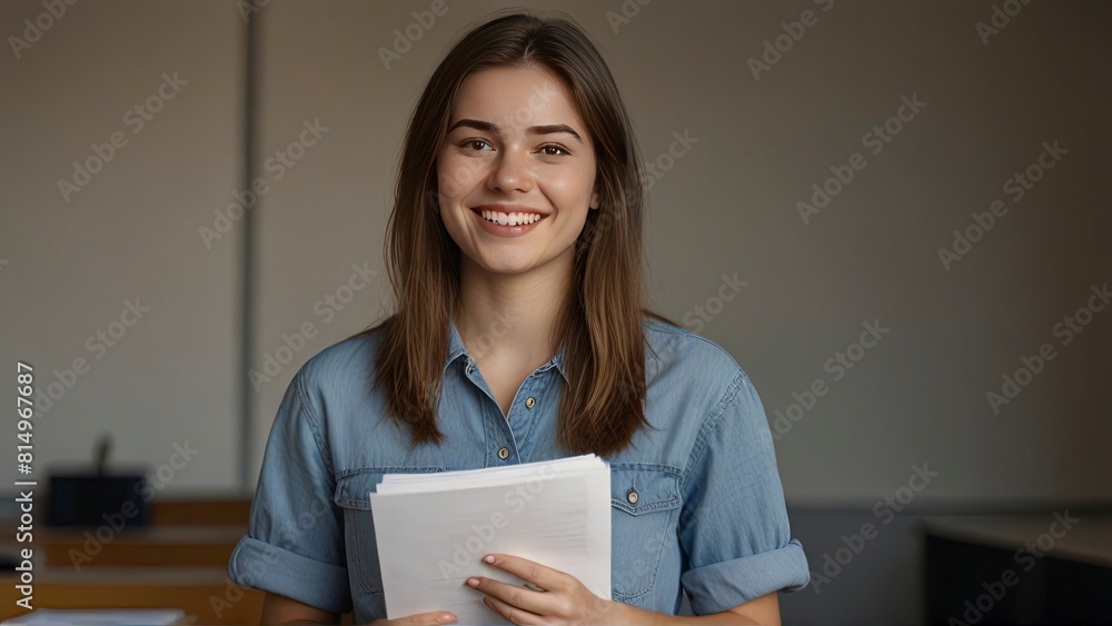 Confident 25-Year-Old Film Producer with Papers in Hand, Blushing Smile. Confident 25-Year-Old Film Producer with Papers in Hand, Blushing Smile.