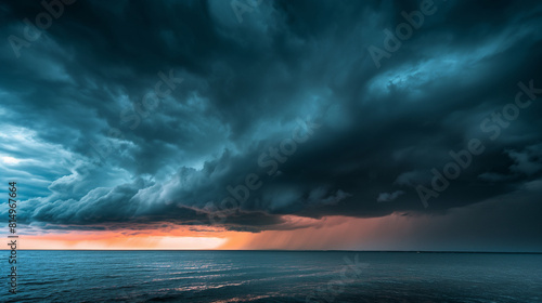 A dramatic thunderstorm brewing on the horizon, emphasizing the cyclical nature of precipitation and its impact on water balance. Dynamic and dramatic composition, with copy space photo