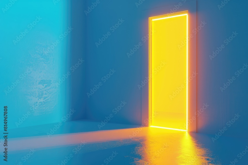Door Illustration. Modern Minimalist Architecture Design with 3D Yellow Light Opening Door Illustration. Modern Minimalist Architecture Design with 3D Yellow Light Opening