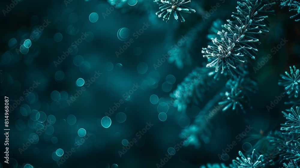A pine tree branch in focus with softly blurred lights behind it, and a foreground depicting faintly blurred snowflakes A pine tree branch in focus with softly blurred lights behind it, and a foreground depicting faintly blurred snowflakes