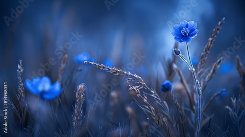 A blue flower lies in the midst of a field  surrounded by tall grass Blue flowers populate the foreground