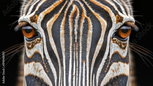  A tight shot of a zebra s face featuring an orange and black stripe at its rear end