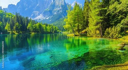 Water Landscape. Colorful Summer View of Julian Alps with Lake and Forest in Province of Udine 
