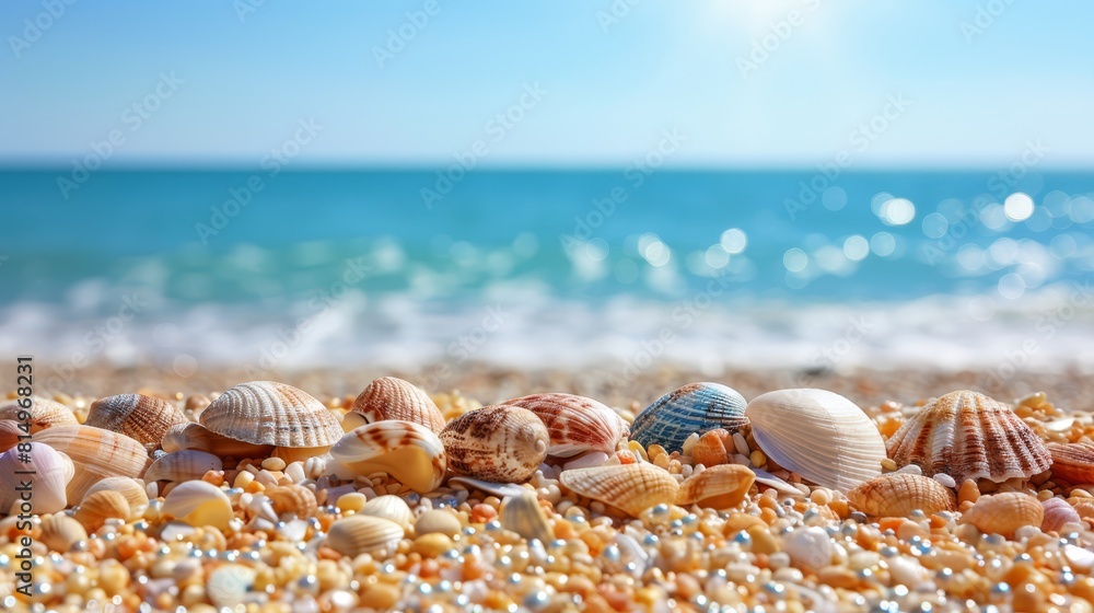 A collection of seashells on a sandy beach against a backdrop of a vibrant blue sky, with shimmering water in the foreground A collection of seashells on a sandy beach against a backdrop of a vibrant blue sky, with shimmering water in the foreground