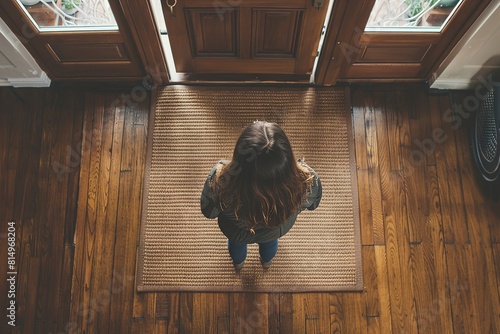Woman standing near door mat on wooden floor photo