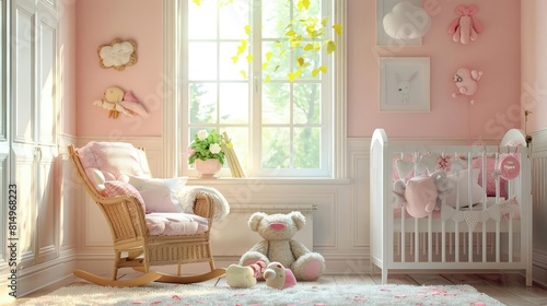 Bright and airy nursery with pastel colors  soft toys  and a comfortable rocking chair for peaceful bedtime stories