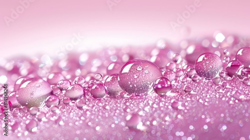 A tight shot of multiple water droplets against a pink backdrop, densely populated at their bottoms