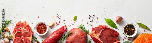 Fresh raw meats and spices on white background with copy space