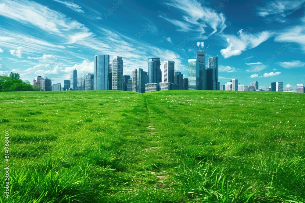 Nature City. Urban Landscape with Green Grass Field and Blue Sky