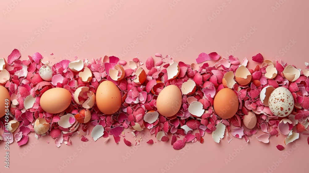A collection of eggs atop pink and white confetti-covered paper upon a pink backdrop A collection of eggs atop pink and white confetti-covered paper upon a pink backdrop