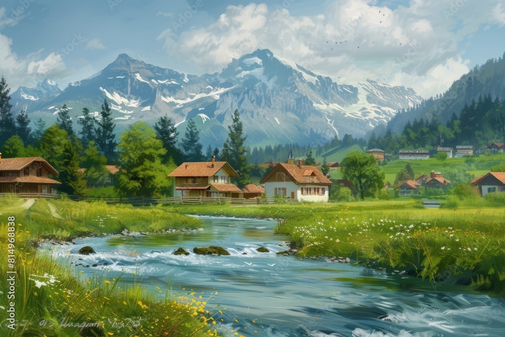 Landscape With Water. Swiss Summer Scene with River, Green Nature, and Blue Sky