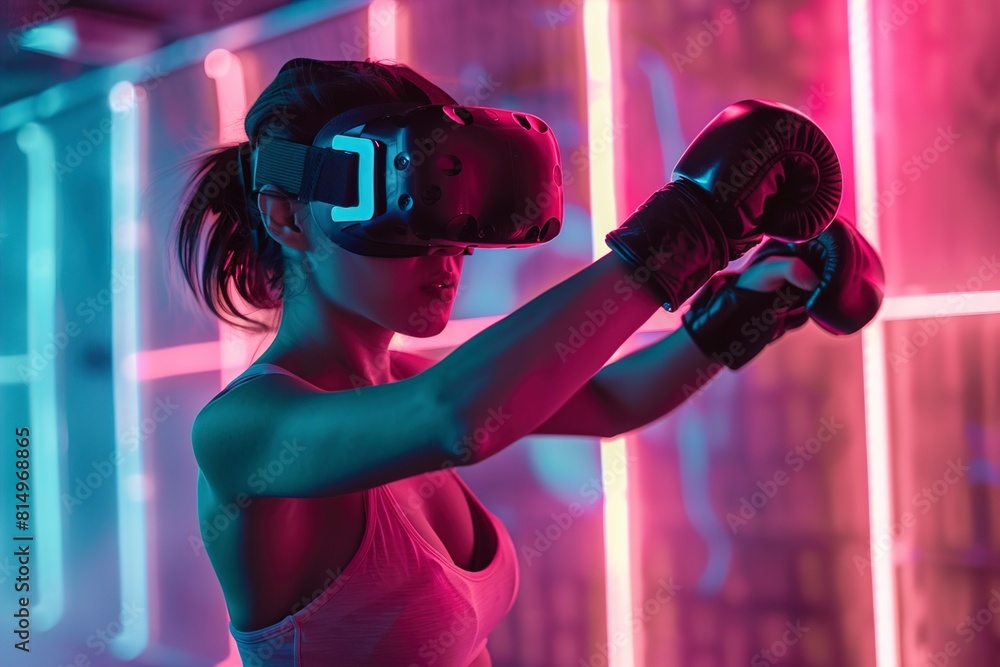 Fototapeta premium Woman Engaged in Virtual Reality Boxing