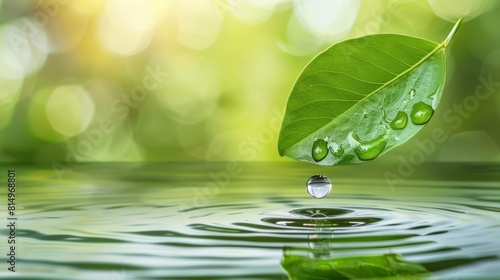  A green leaf atop still water  with a tear-shaped droplet precariously balanced on its surface