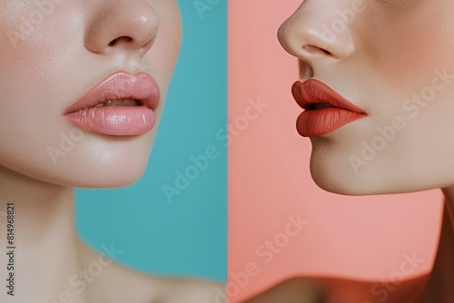 Woman before and after lips augmentation procedure photo
