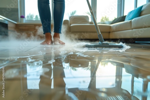 Woman cleaning floor with steam mop at home photo