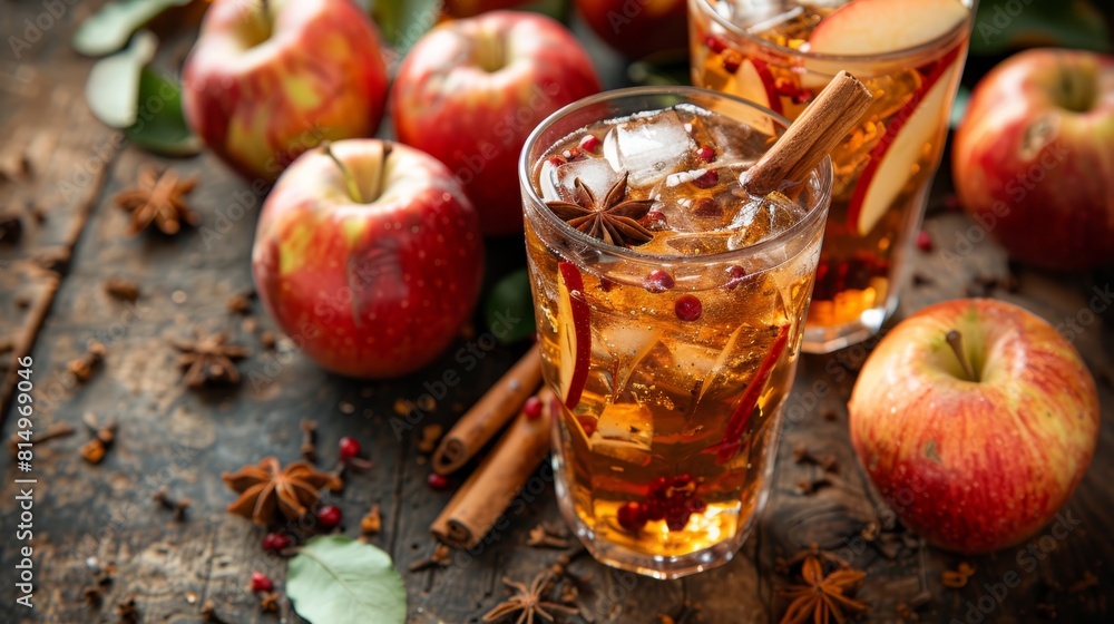 Two glasses of apple cider on the table, adorned with cinnamon and anise sprinkles Two glasses of apple cider on the table, adorned with cinnamon and anise sprinkles