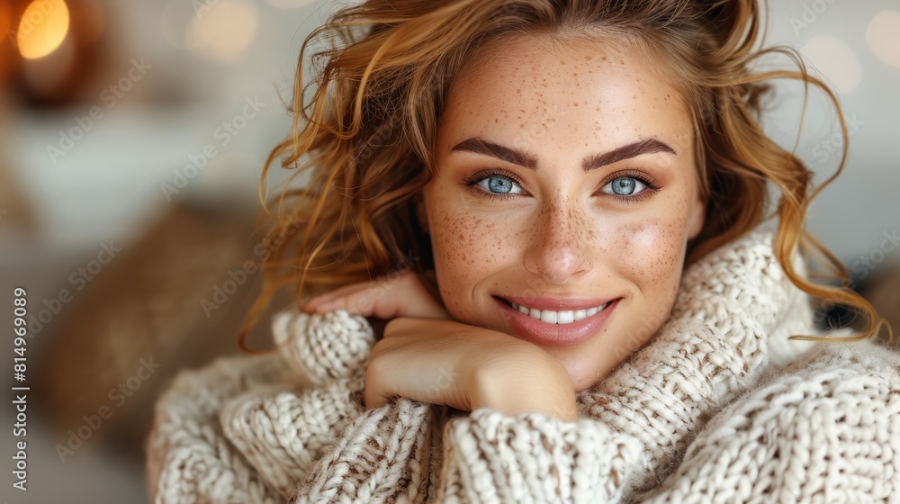 A woman with freckled hair and blue eyes poses for a photo, touching her chin thoughtfully A woman with freckled hair and blue eyes poses for a photo, touching her chin thoughtfully