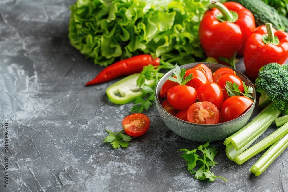 Vegetable Ingredients for Healthy Salad: Fresh Tomatoes, Bell Pepper, and Celery on a Concrete Table Vegetable Ingredients for Healthy Salad: Fresh Tomatoes, Bell Pepper, and Celery on a Concrete Table