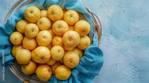  A table, covered in a blue tablecloth, holds a full basket of oranges nearby Against a similarly hued blue wall photo