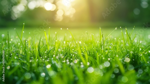  A tight shot of a dewy grass field beneath the sun's rays filtering through the tree canopy