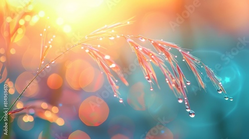  A macro shot of a plant with water droplets on its leaves and the sun behind