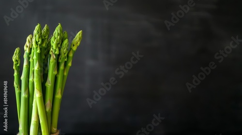  A tight shot of asparagus bundle in glass vase on black table  chalkboard behind