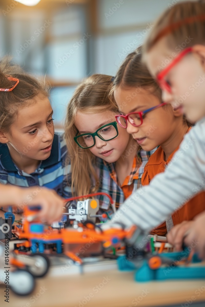 Young students girls and boys are working on engine Young students girls and boys are working on engine