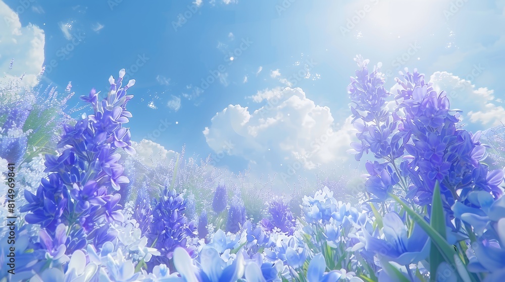 A field brimming with purple and blue blooms beneath a blue sky, graced by a sunbeam's passage A field brimming with purple and blue blooms beneath a blue sky, graced by a sunbeam's passage