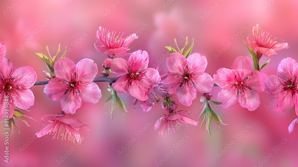 A pink branch adorned with flowers against a pink backdrop of a wallpaper A pink branch adorned with flowers against a pink backdrop of a wallpaper