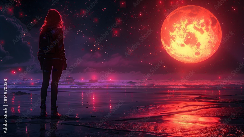 Futuristic Sci-Fi Seascape with a Girl Observing a Giant Red Moon, Embracing Solitude and Wonder Futuristic Sci-Fi Seascape with a Girl Observing a Giant Red Moon, Embracing Solitude and Wonder