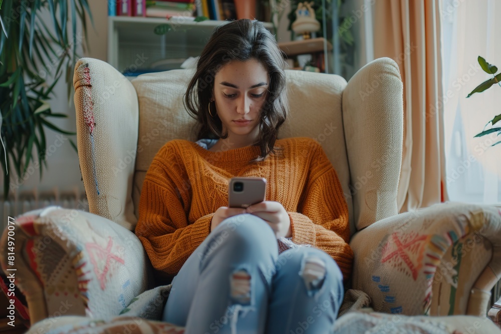 Obraz premium Young woman using smart phone sitting in armchair