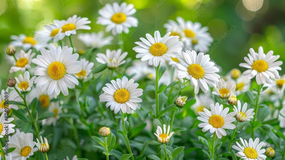 A field of white and yellow daisies with a blurred backdrop of trees A field of white and yellow daisies with a blurred backdrop of trees
