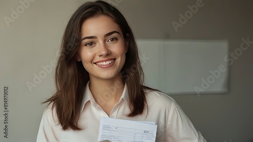 Confident 25-Year-Old Film Producer with Papers in Hand, Blushing Smile.