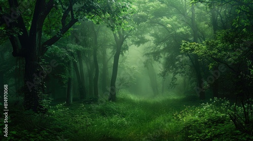 Woods Background. Dark Green Misty Forest in Silent Mystery Light