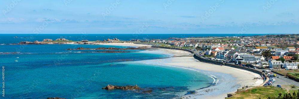 Aerial panoramic view of Cobo Bay, sandy beach landscape panorama in Guernsey, Channel Islands web banner