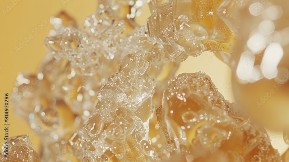 A tight shot of numerous bubbles suspended from a string of glass beads against a backdrop of yellow and white A tight shot of numerous bubbles suspended from a string of glass beads against a backdrop of yellow and white