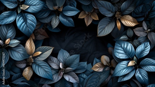  A tight shot of leaves against a black backdrop  featuring a blue hub encircled by azure and golden foliage