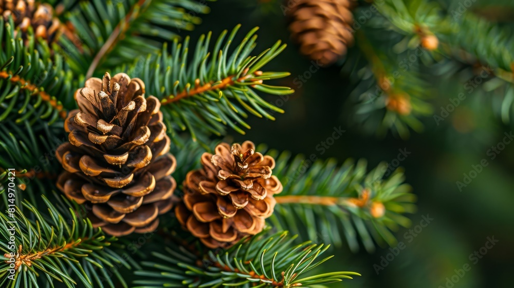 A tight shot of a pine cone against a backdrop of other pine cones and the tree it grows on A tight shot of a pine cone against a backdrop of other pine cones and the tree it grows on