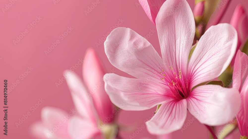 A pink flower, focus tight, against a uniform pink backdrop Background holds a softly blurred replica of the bloom A pink flower, focus tight, against a uniform pink backdrop Background holds a softly blurred replica of the bloom