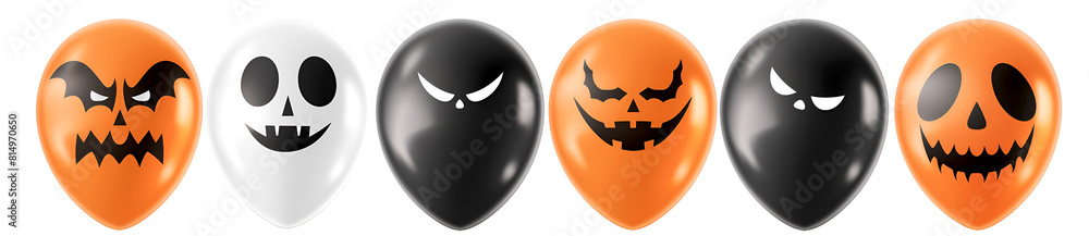 Halloween balloons in black, white and orange with spooky and fun designs on white, festive Halloween decorations. Set of Halloween balloons featuring creepy, whimsical faces for Halloween events Halloween balloons in black, white and orange with spooky and fun designs on white, festive Halloween decorations. Set of Halloween balloons featuring creepy, whimsical faces for Halloween events