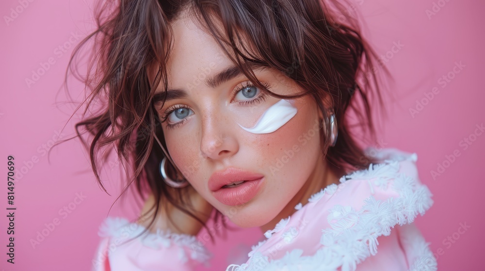 A tight shot of a person with a folded paper touching their cheek and a white eye patch adjacent to it A tight shot of a person with a folded paper touching their cheek and a white eye patch adjacent to it