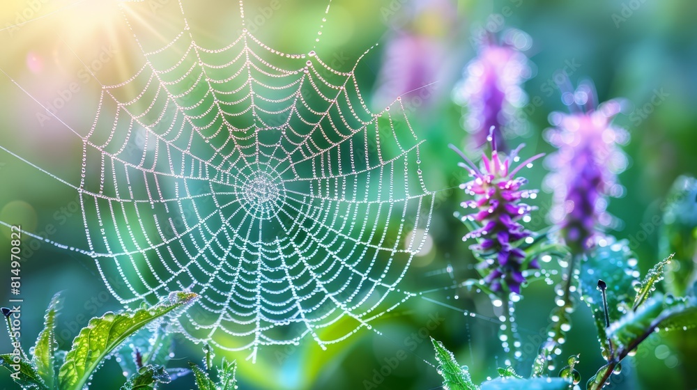  A tight shot of a spider's web ensnared on a plant, adorned with dewdrops