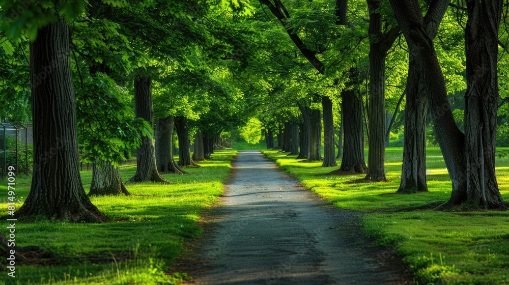 Naklejka premium Tree Path. Peaceful Path in a Green Park Surrounded by Trees and Nature