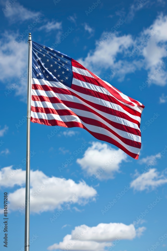 Fototapeta premium Vibrant united states flag gracefully waving under clear skies on a stunningly beautiful day