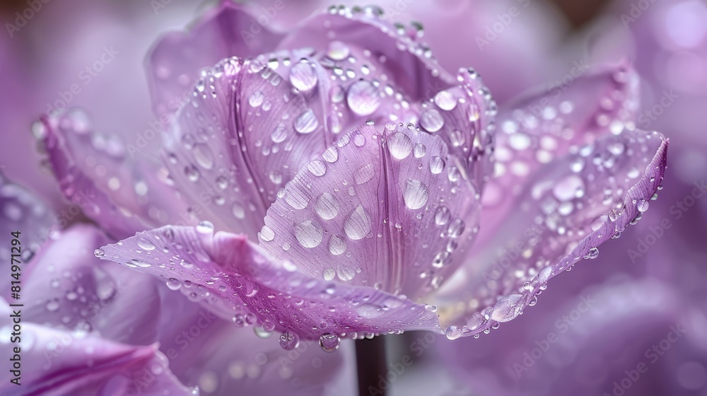 A tight shot of a purple flower, dewdrops glistening on its petals, backdrop softly blurred by overlapping petals A tight shot of a purple flower, dewdrops glistening on its petals, backdrop softly blurred by overlapping petals
