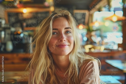 Happy Face. Thoughtful Woman with Blond Hair Enjoying Coffee in Cafe