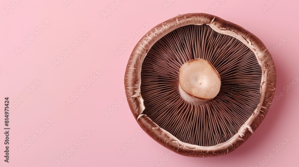 A detailed shot of a mushroom against a pink backdrop, featuring a white dot in the mushroom's core A detailed shot of a mushroom against a pink backdrop, featuring a white dot in the mushroom's core