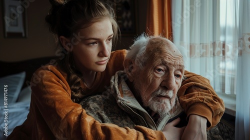 Adult daughter visits senior father in assisted living © Jorge Ferreiro