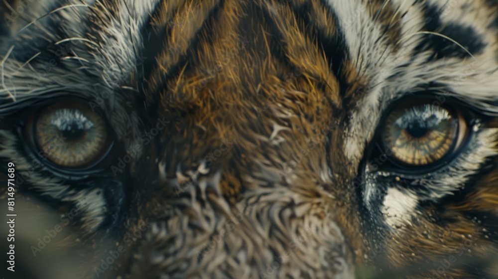  A tight shot of a tiger's visage with hazy, indistinct features and unfocused eyes